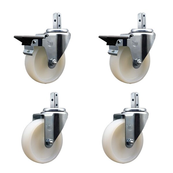 4'' Nylon Wheel Swivel 3/4'' Square Stem Caster Set 2 Brakes, 4PK